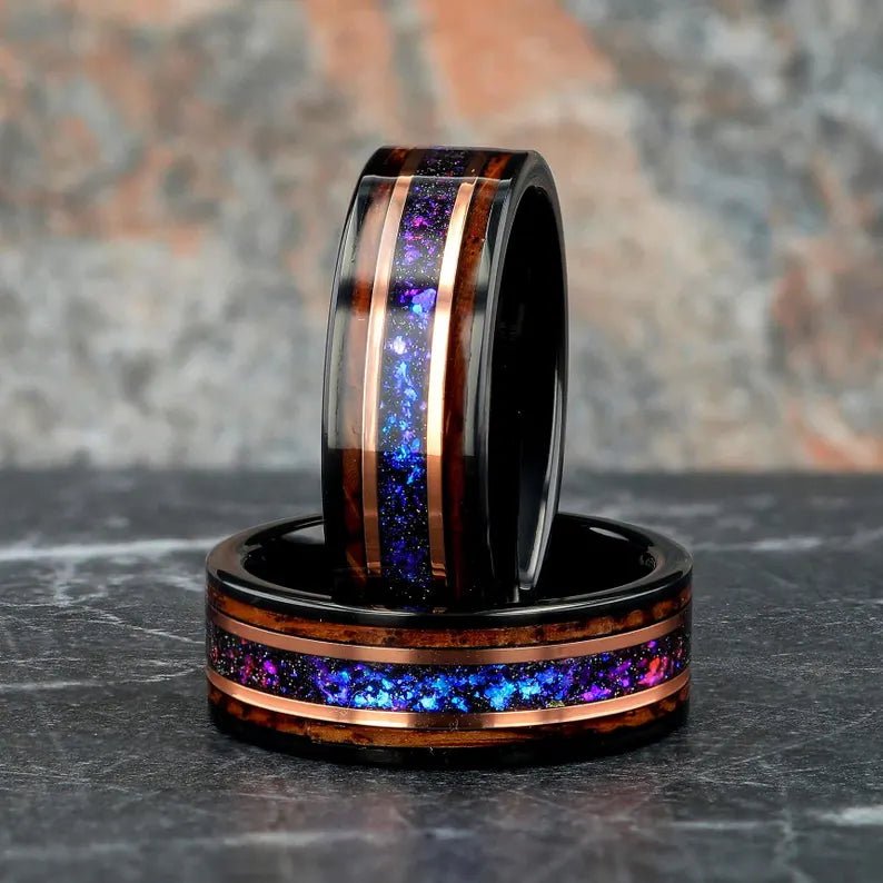 Khronom- Ring Fur Manner, Wolfram Ringe, Nebel und Barrel Holzintarsien, Monetto Ringe