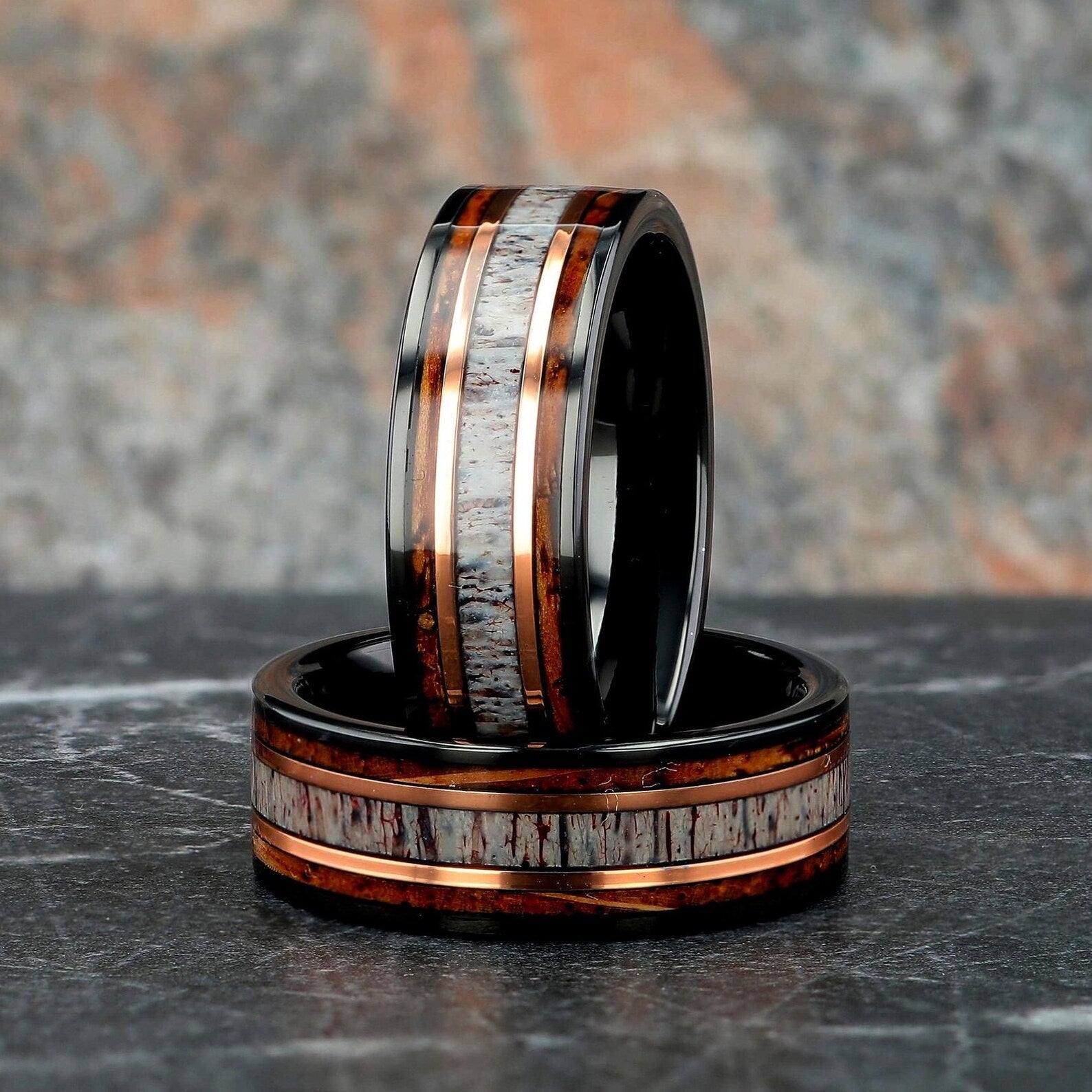 Nero Ringe Fur Paare - wolfram und 925-Silber Ring - Whiskeyfass und Hirschhorn - Jubiläumsringe - Monetto Ringe