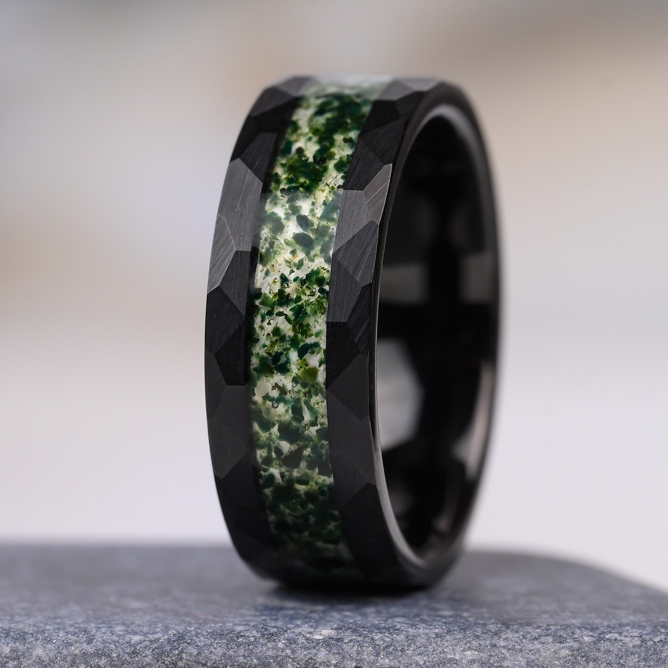 Oase Ring Fur Damen, schwarzer Wolfram Ring, Grüner Moosachat, Monetto Ringe