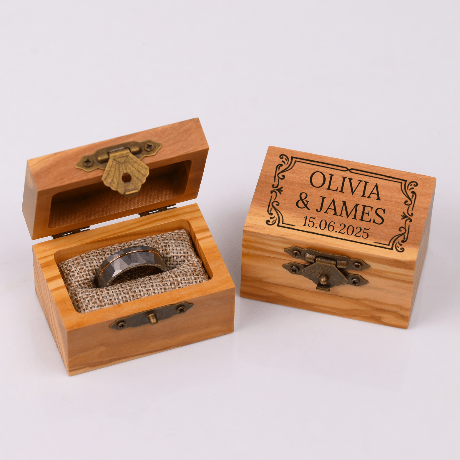Individuell gestaltbare Box aus Olivenholz– Für einen einzelnen Ring – Verlobungsbox – Hochzeitsbox