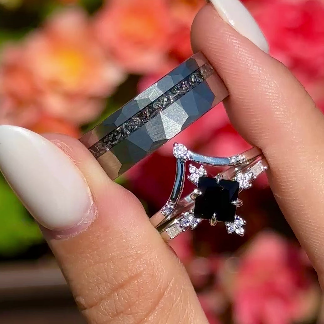 Onyx Ringe Set fur Paare - Wolfram und Sterling Silber Ring - Obsidian und Meteorit - Monetto Ringe