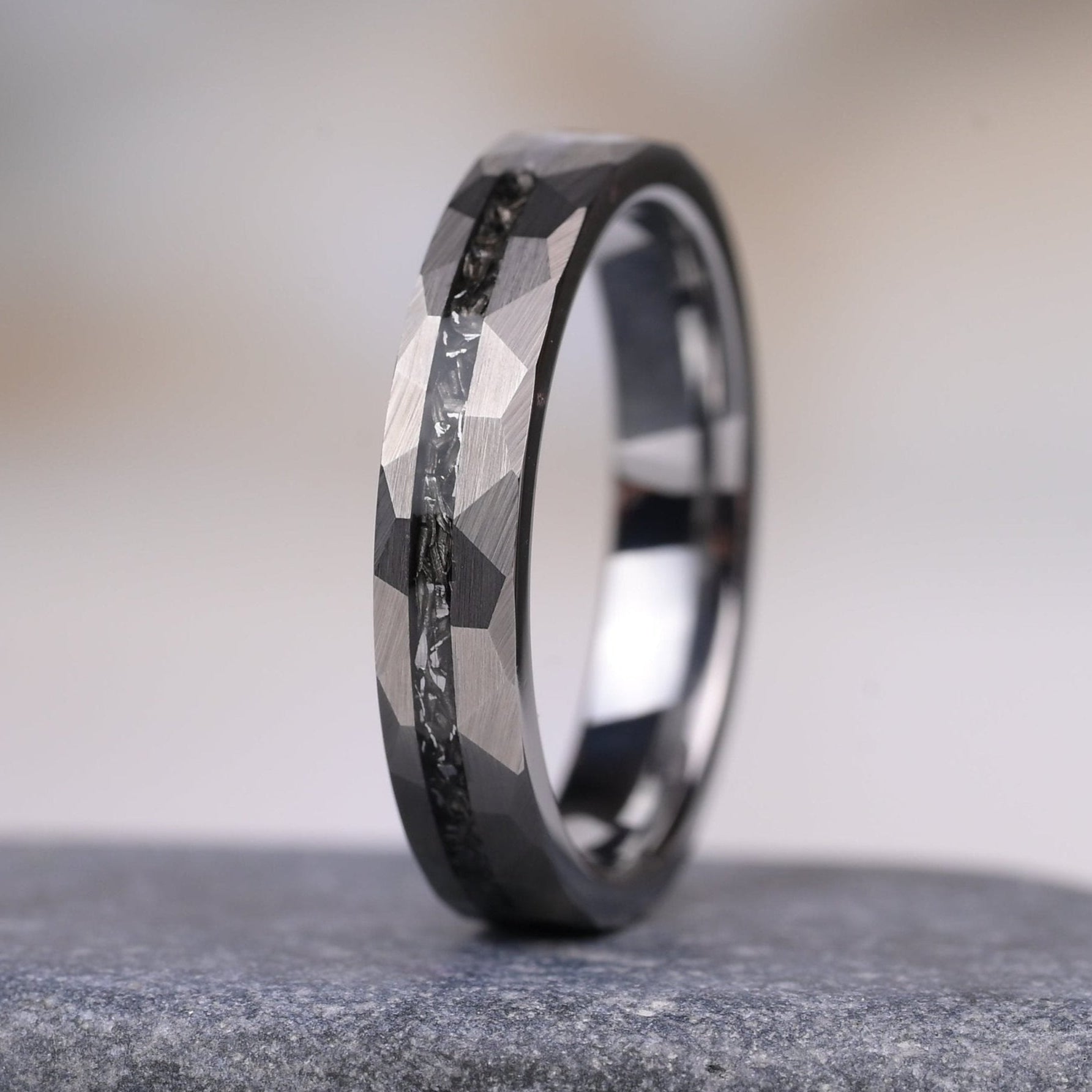 Silberschmied- Ring Fur Damen, Silber Wolfram Ringe, Meteorit Einlage, Monetto Ringe