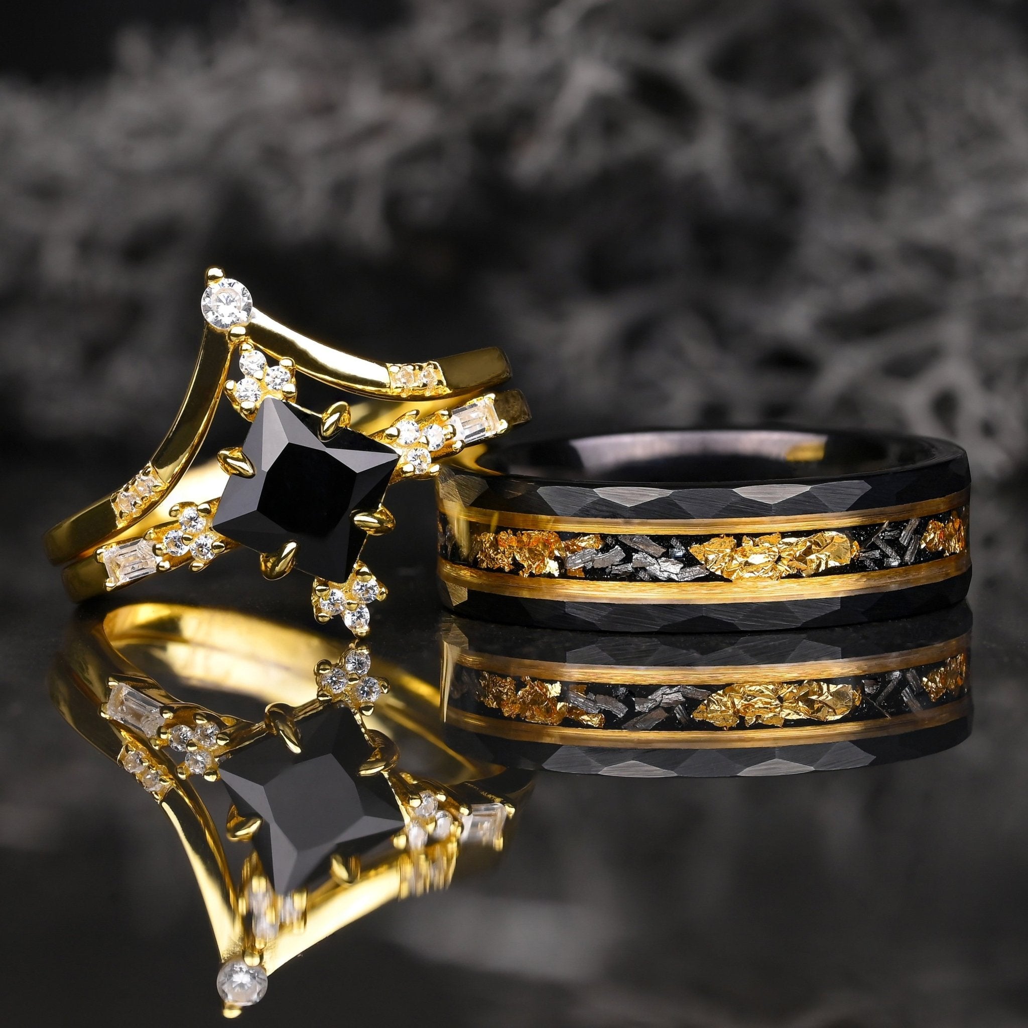 Spektrum - Ringe Set Fur Paare, Wolfram und 925 Sterling Silber Ringe, Obsidian Stein und 24 Karat Blattgold, Monetto Ringe