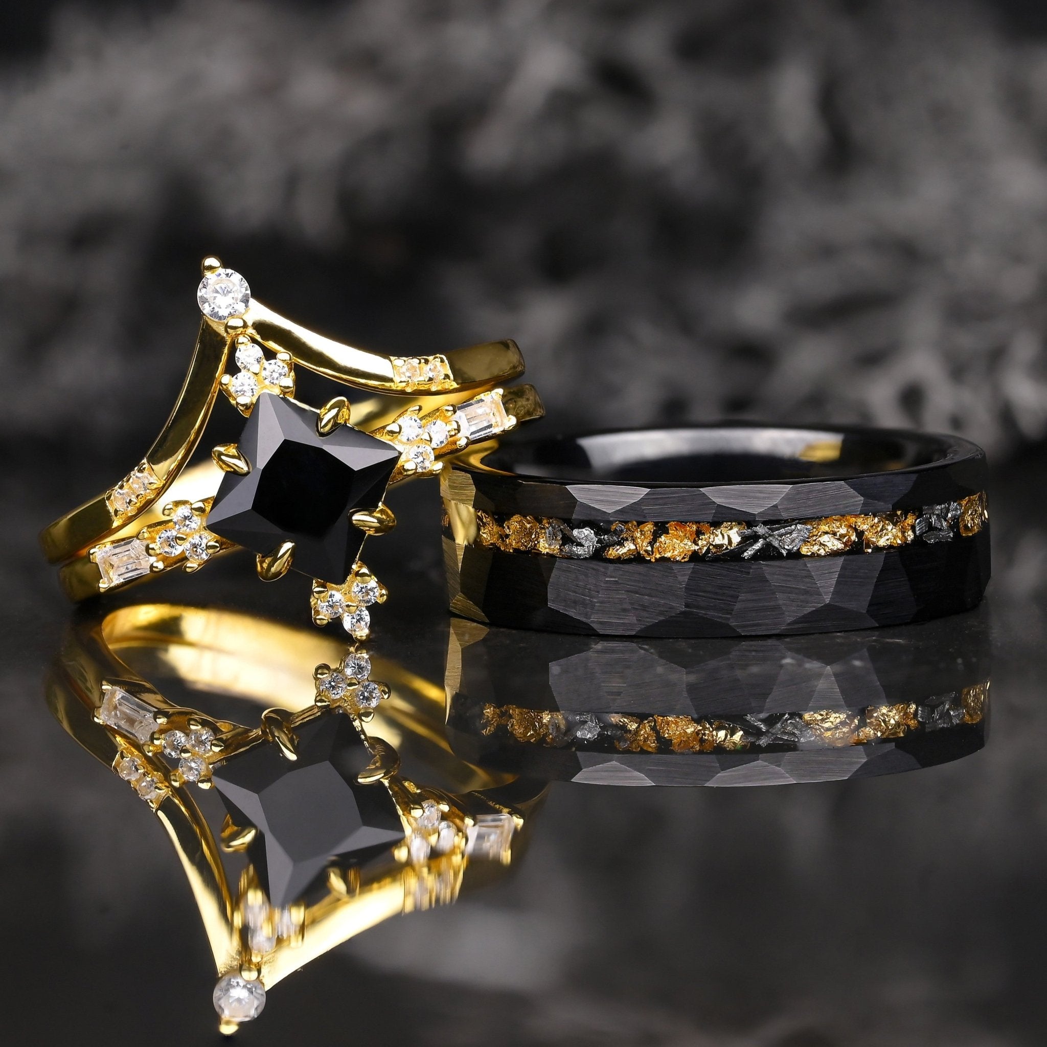 Atenis - Ringe Set Fur Paare, Wolfram und 925 Sterling Silber Ringe, Obsidian Stein und 24 Karat Blattgold, Monetto Ringe