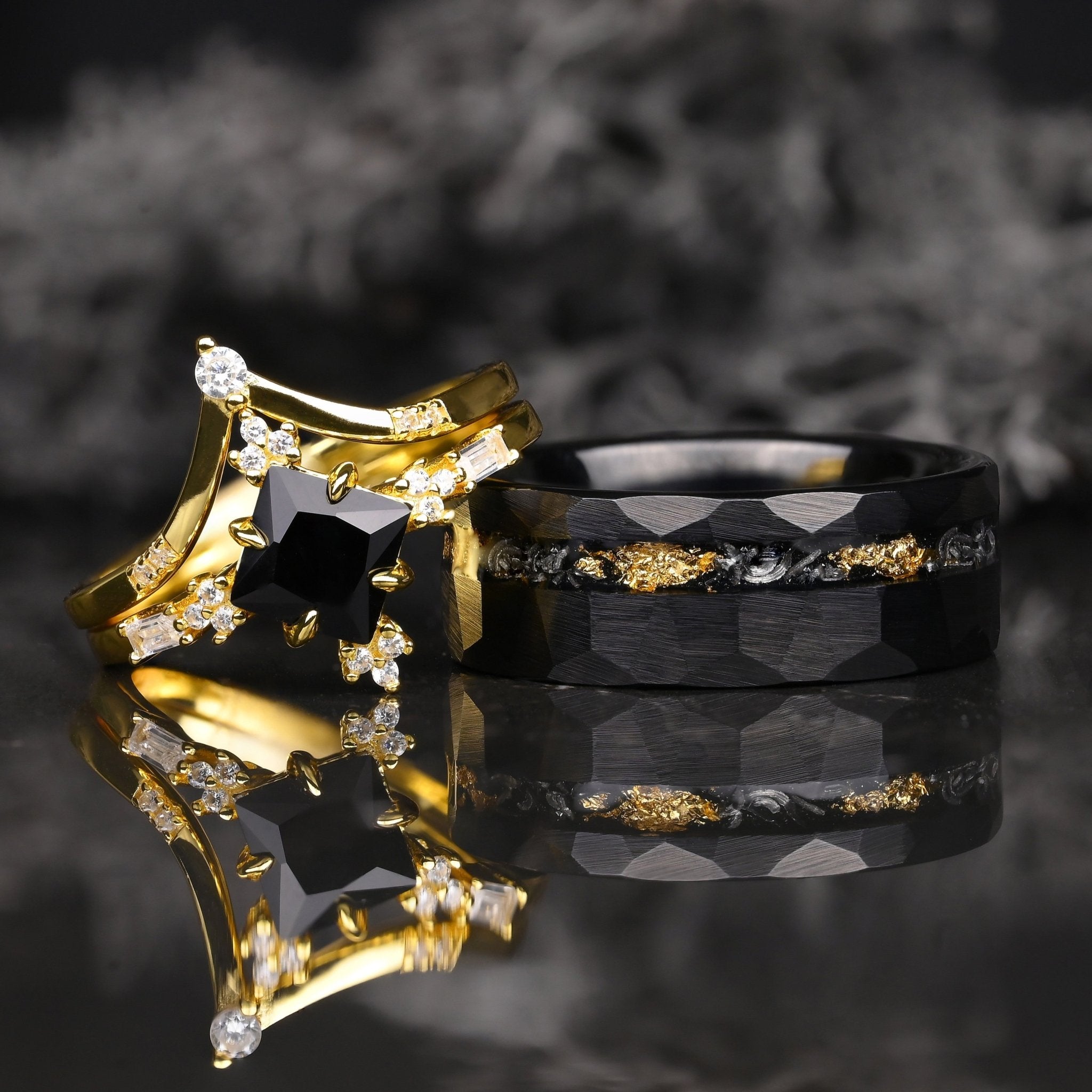 Ringe für Paare aus schwarzem Wolfram mit Meteoriteneinlage, Sterling Silber Ring