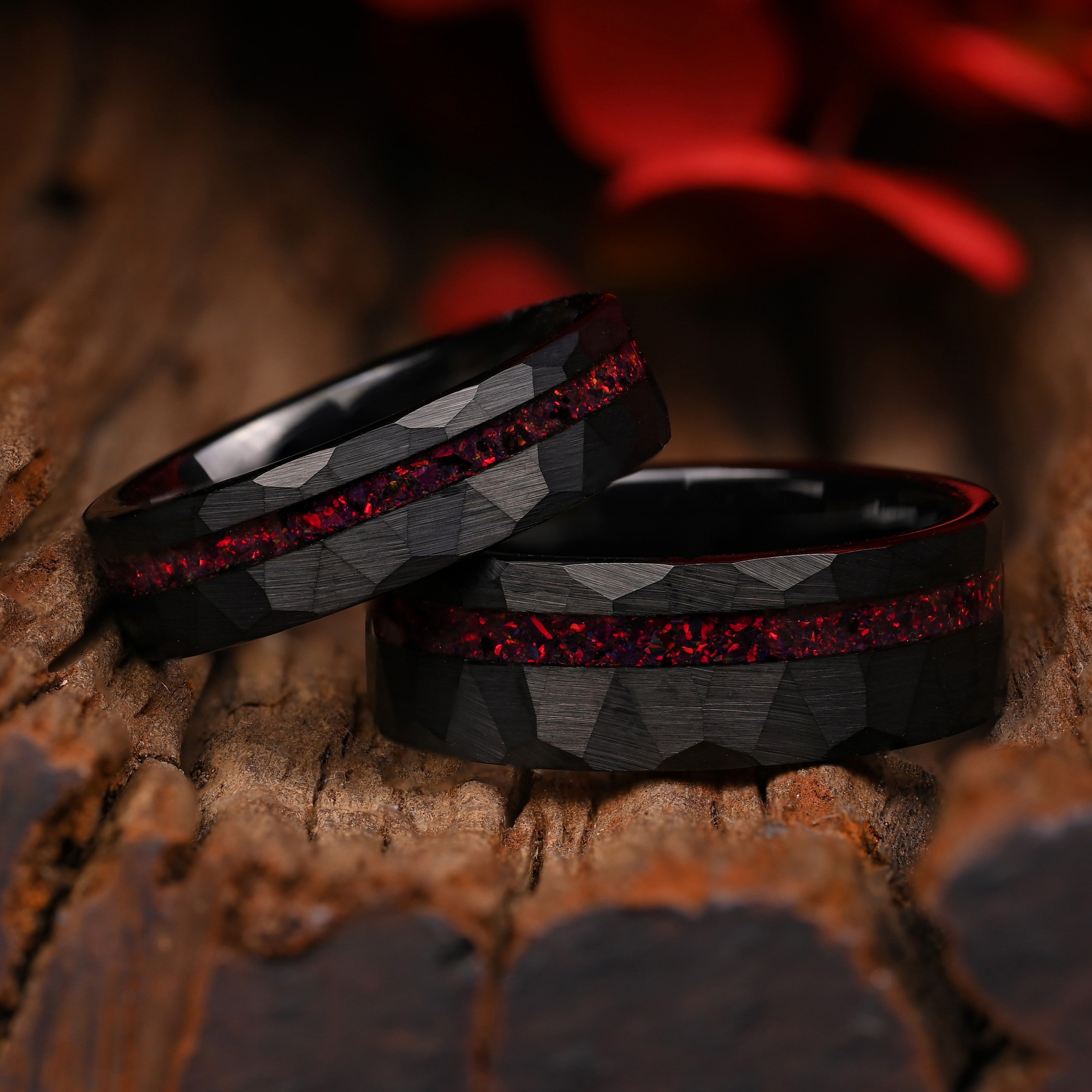 Drachen - Ringe Set Fur Paare, Schwarzer Ring Wolfram Ring, Rote Feueropal-Einlage, Monetto Ringe