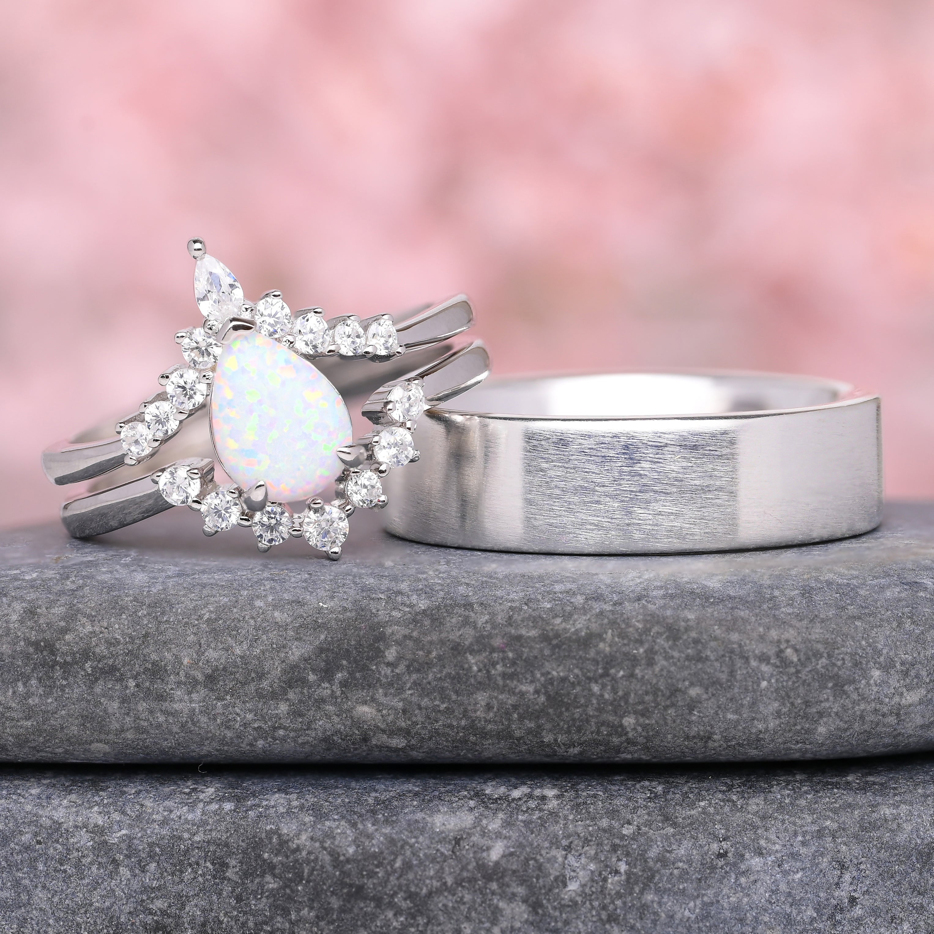 Luna - Ringe Set Fur Paare - 925 Silber Ringe - Opal Einlage - Jubiläumsring – Ehering - Monetto Ringe