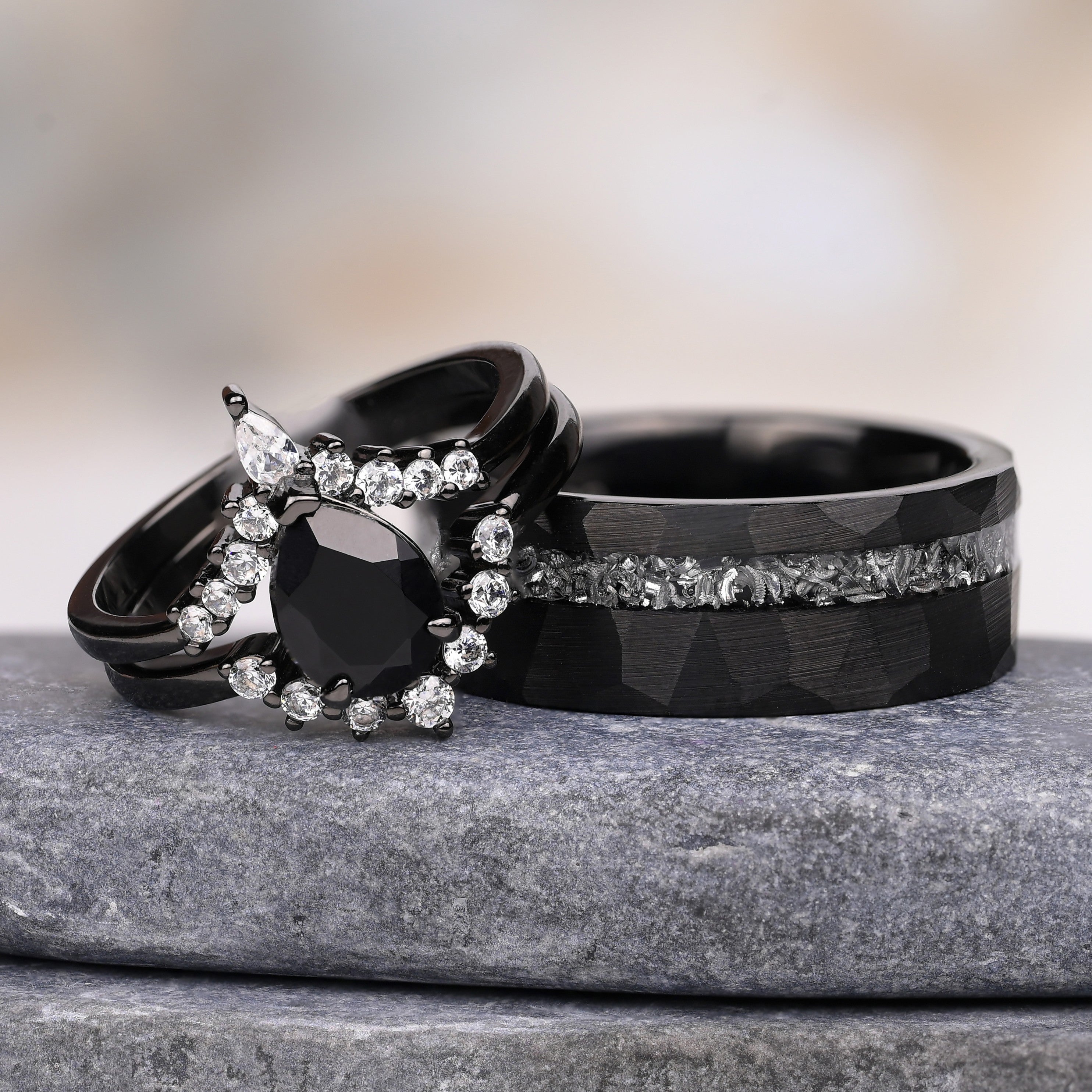 Obsidian- Ringe Set Fur Paare, Silber und Wolfram Ringe, Meteorit und Obisidian Stein Einlage, Monetto Ringe