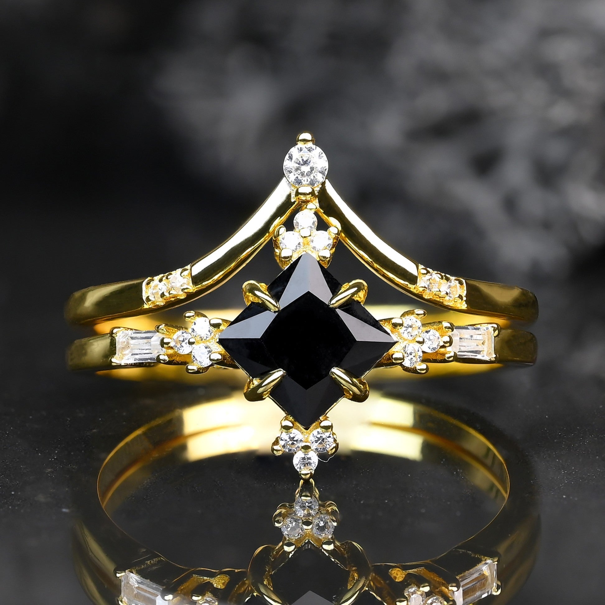 Ringe Set Für Damen - Schwarzer Onyx Stein - Sterling Silber Ringe - Monetto Ringe
