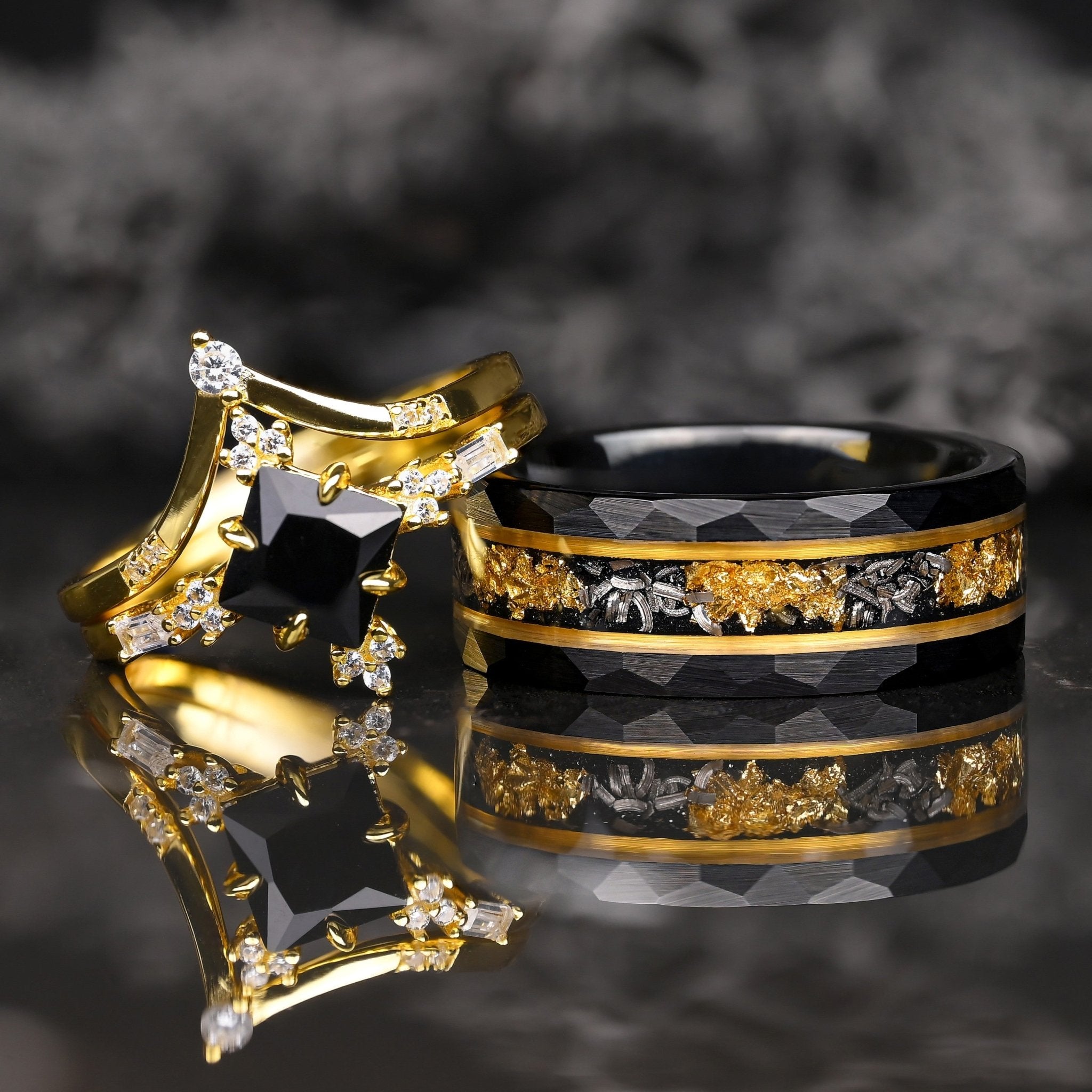 Ringe für Paare aus schwarzem Wolfram mit Meteoriteneinlage, Sterling Silber Ring