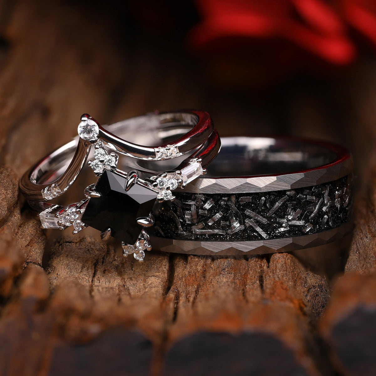 Starfall - Bagues pour couples | Météorite, obsidienne, argent et tungstène