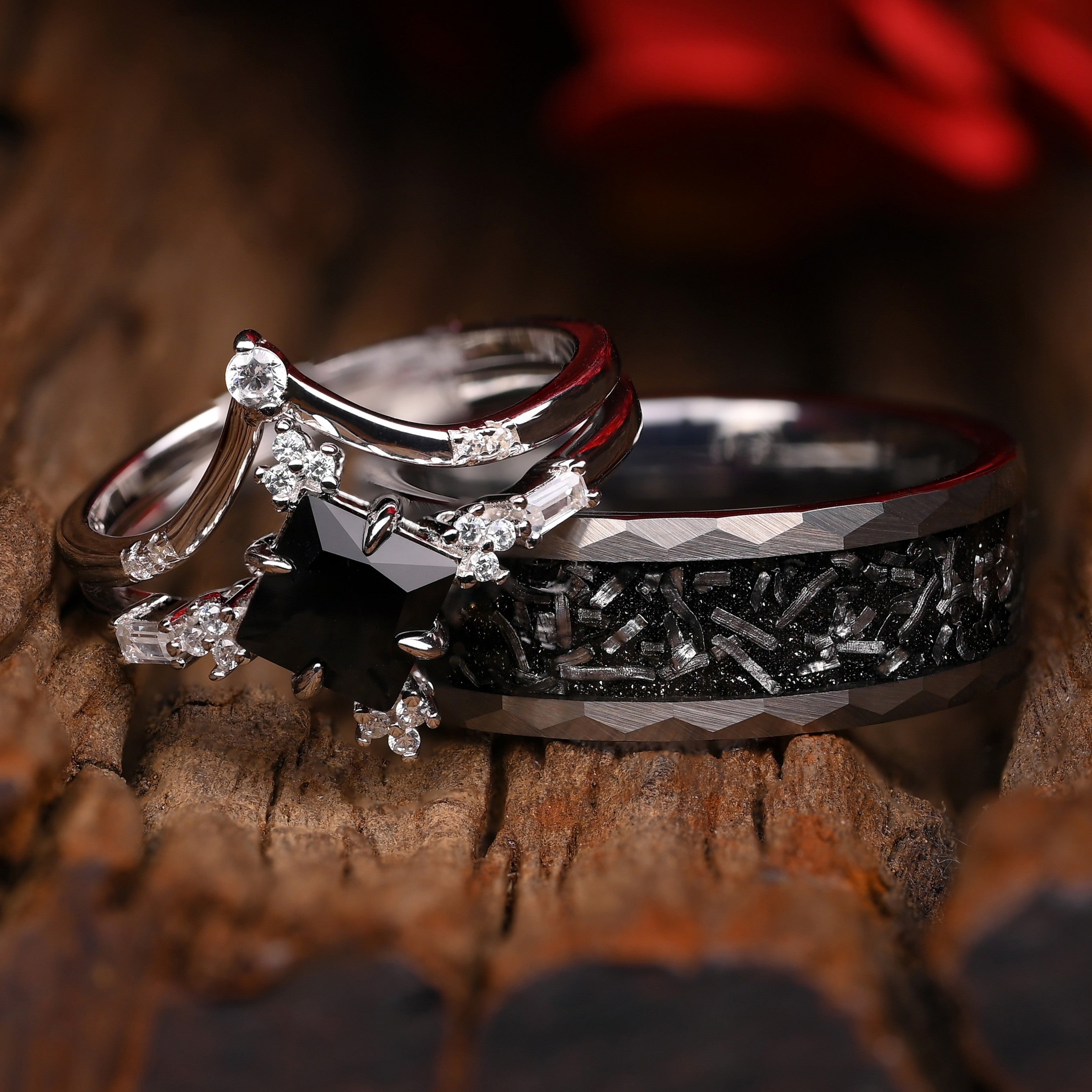 Sternenfall - Ringe Set Fur Paare, Silber und Wolfram Ringe, Meteorit und Obisidian Stein Einlage, Monetto Ringe
