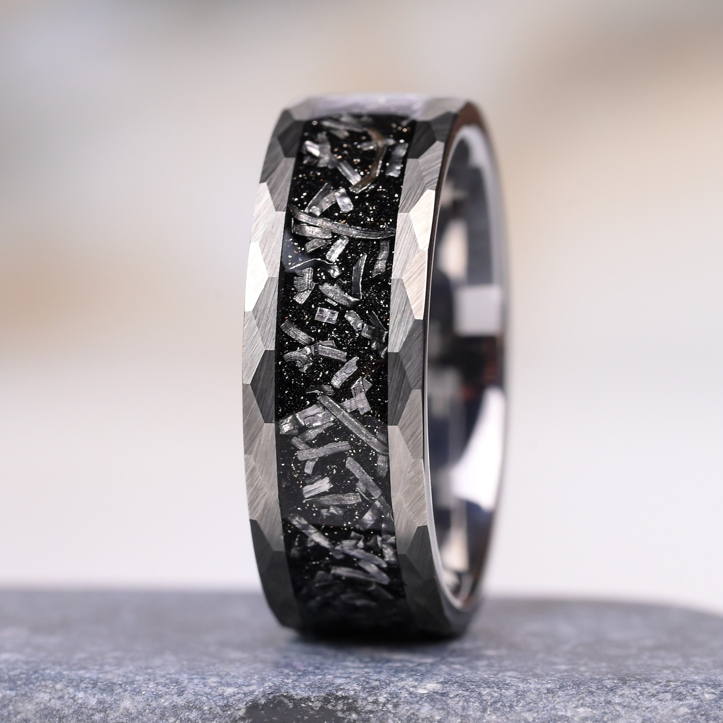 Sumo - Ring Fur Manner, Silber Wolfram Ring, Meteorit Einlage, Monetto Ringe